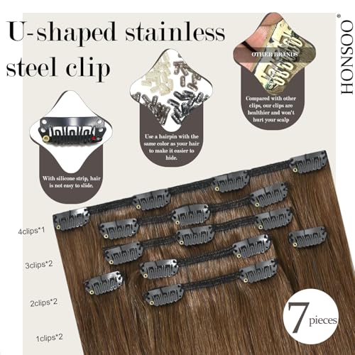 Honsoo Chestnut Brown Remy Clip In Hair Extensions Real Human Hair 18inch 70g 7pcs Sliky & Soft Clip ins