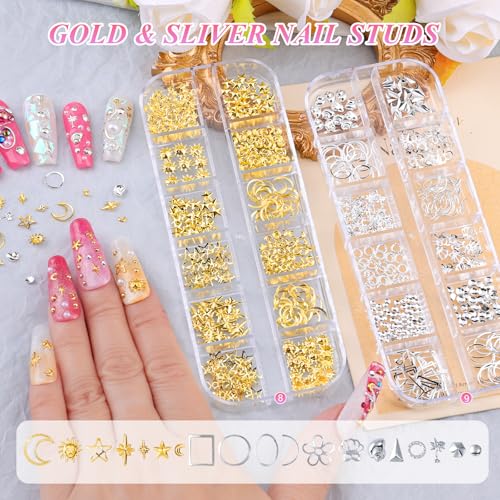 12 Boxes Nail Gems and Charms, Gold Charms for Nails Rhinestones Kit with 30 Sheets Nail Art Stickers Crystals Flatback Pearls Nail Decals Fruit Nail Charms Pearls for Nails Design DIY Accessories