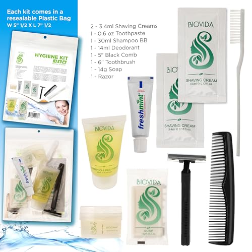 Moda West 24 Hygiene Kits - Bulk Case of Wholesale Basic Toiletry Kits for Men, Women, Travel, Charity 9 Pc Kit
