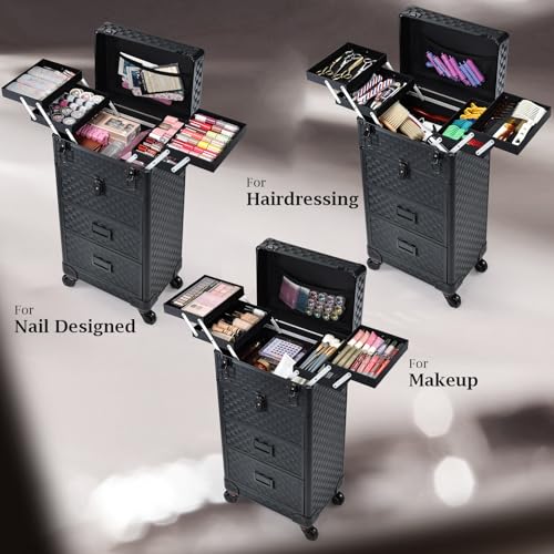 Stagiant Rolling Makeup Case with Drawers Cosmetology Case on Wheels 4 IN 1 Makeup Case 3 Drawers with Foot Stand Spring-release Mechanism Rolling Make Up Organizer for Artist Salon Nail Teach Trunk