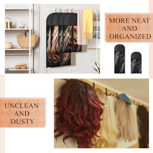 14 Pcs Extra Long Hair Extension Storage Bag with Hanger, Two Sizes for Multiple Wigs, Dust Proof Hanger for Hair Extensions, Accessories, Black