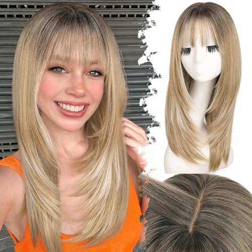 Wig with Bangs for Women Ash Blonde with Silver Highlights-Dark Roots Straight Face-Framing Layers Hairstyle 4x4 Realistic Scalp Glueless Synthetic Wigs Medium Length for Everyday Use