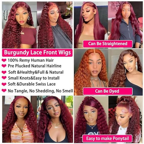 200 Density Burgundy Lace Front Wigs Human Hair 13x6 HD Deep Wave Lace Front Wigs Human Hair Pre Plucked with Baby Hair 99J Red Colored Deep Curly Lace Frontal Wigs Glueless Wig for Women 24inch