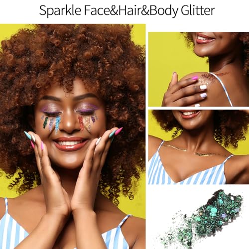FANDAMEI 25 Colors Face Glitter, Face Glitter for Women Kids Girls, Glitter Gel No Glue Needed, Glitter for Body Hair Halloween Rave Carnival Makeup
