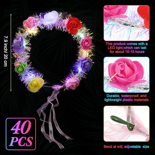 Syhood 40 Pcs LED Flower Headband, Light up Flower Crown Garland Headdress Floral Headpiece for Women Hair Accessories Bridal Shower Holiday Birthday Wedding Party(Rose Style)