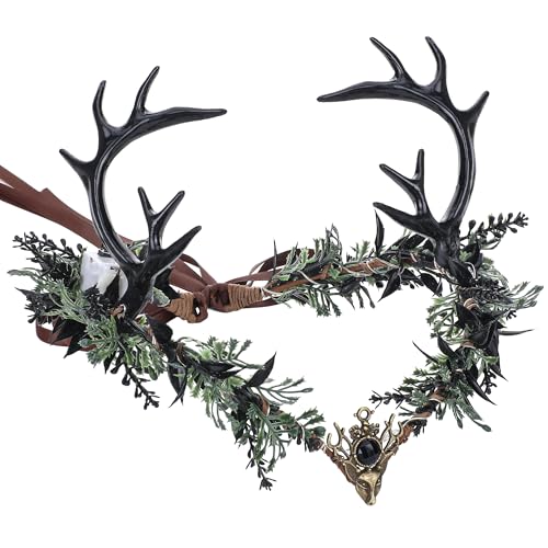 MOSTORY Light up Elf Crown - Black Antler Headpiece Gothic Flower Circlet Elven Woodland Tiara for Women Renaissance Fair Cosplay Halloween Costume Photo Shoot
