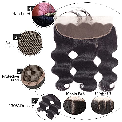 Bundles with Frontal (16 18 20+16, Natural Black) Brazilian Body Wave Human Hair Weaves Bundles with 13 * 4 Lace Front 100% Unprocessed Human Hair Ear To Ear Lace Frontal with Pre-Plucked Baby Hair