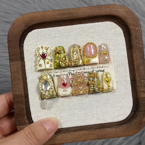10Pcs Ballerina Press On Nails With Tools,Egyptian Palace Relief Glue on Nails with Gold Cross & Pearls,Handmade 3D Saint Charms Fake Nail Kits, Vintage Epic Acrylic Coffin Duckbill Nails(L)