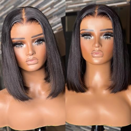 BEEOS Pre-Everything 5x5 SKINLKE Real HD Lace Closure Bob Wig, Wear and Go 180% Density Glueless Pre-cut Lace Pre-Plucked Hairline Bleached Knots Straight Human Hair Wig 10 Inch