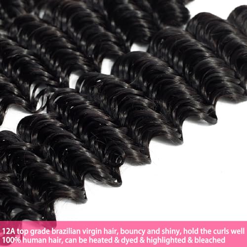 12A Deep Wave Single Bundles Human Hair 16 Inch Brazilian Curly 1 Bundles Human Hair 100% Unprocessed Virgin Wet and Wavy Hair Weave 1B Black