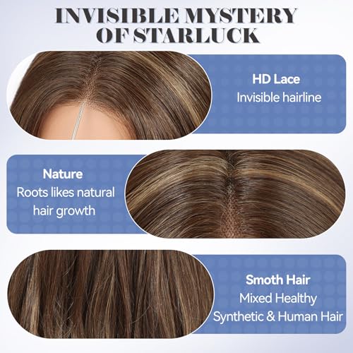 HAIRCUBE Human Hair Wig Lace Front Wig Glueless Wigs Layered Shoulder-Length HairWigs for Women, Brown with Blonde Highlights, Human Hair Blend, 13"¡¿5"¡¿1" HD Lace, 18 Inch Daily Use