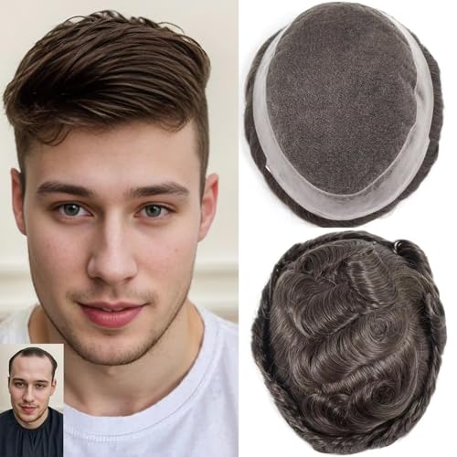 Mens Toupee Human Hair System for Men Protesis Capilar Hombre Pelo Humano Swiss Lace Mens Hair Piece Poly PU Skin Hair Unit Replacement for Men #5 Cool Toned Brown 8x10 Inch