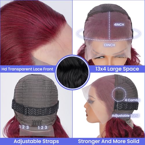 99J Burgundy 28 Inch body wave lace front wig for women 13x4 transparent lace front human hair wigs pre plucked with baby hair body wave wigs Red 180% Density Human Hair Wig for Women