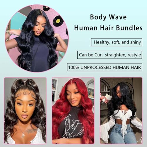 Body Wave Bundles with Closure Human Hair 20 22 24 with 18 Inch Human Hair Bundles with Closure Body Wave 100% Brazilian Virgin Weave Bundles with HD Lace Closure Natural Blac