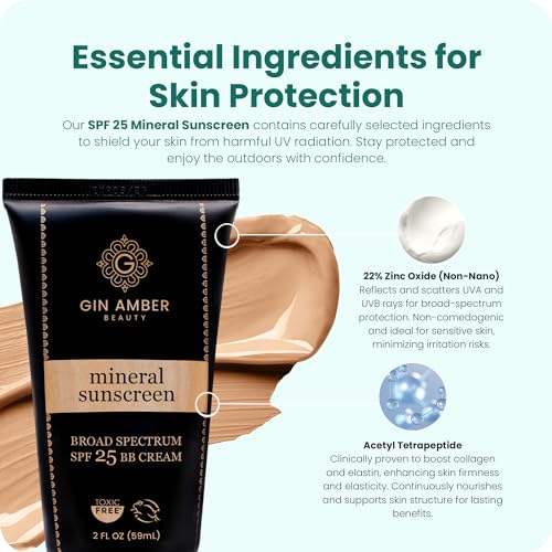 Gin Amber Beauty Mineral Tinted SPF 25 - Toxic Free Face Sunscreen and BB Cream for Women with Sensitive Skin - Revolutionary Zinc Oxide Formula - Improves Fine Lines and Uneven Skin Tone