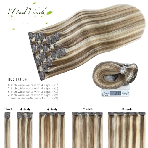 WindTouch Clip In Hair Extensions Ash Blonde To Platinum Blonde Human Hair Highlights For Blonde Full Head 20Inch 120g 7PCS Remy Hair Extensions