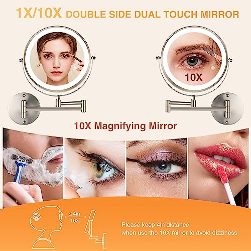 8.5 Inch Rechargeable Wall Mounted Makeup Mirror Brushed Nickel, Double Side Dual-Touch 1X/10X Magnifying Mirror with Light, 3 Color Lights 360¡ÆSwivel Extendable Bathroom Mirror