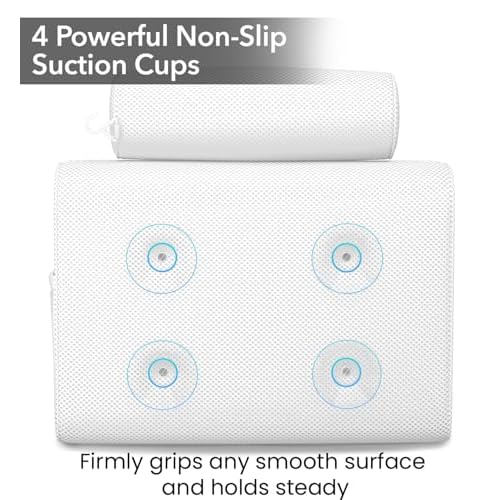 Everlasting Comfort Luxury Bath Pillows for Tub with Head and Neck Support - Non-Slip Bathtub Pillow with Suction Cups, Quick-Drying Mesh & Drying Hook - Jacuzzi & Spa Accessories for Women - White