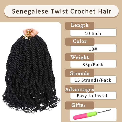 Kachanaa 10 Inch Wavy Senegalese Twist Crochet Hair for Black Women 8 Pack Short Pre-looped Crochet Braids with Curly End Synthetic Pre Twisted Havana Twist Braiding Hair for Kids Girls 1B#