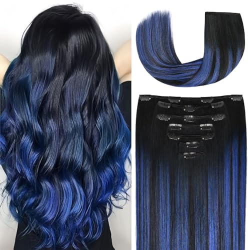 18 Inch Clip-in Hair Extensions Remy Human Hair for Women - Soft Handmade Real Human Hair Clip in Extensions, Straight, Thick, 135g 7pcs #(1B/Blue) T1B Color