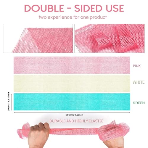 UJFQBH 3 Pieces African Net Sponge, African exfoliating net African Net Long Net Bath Sponge Exfoliating Shower Body Scrubber Back Scrubber Skin Smoother£¨Pink, Green, Off-White£©