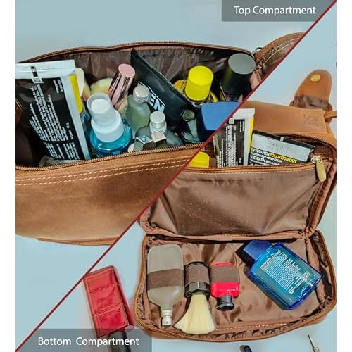 Leather Toiletry Bag for Men - Travel Shaving Dopp Kit - Bathroom Shower Toiletries Organizer - Cosmetic Make up Bag for Women