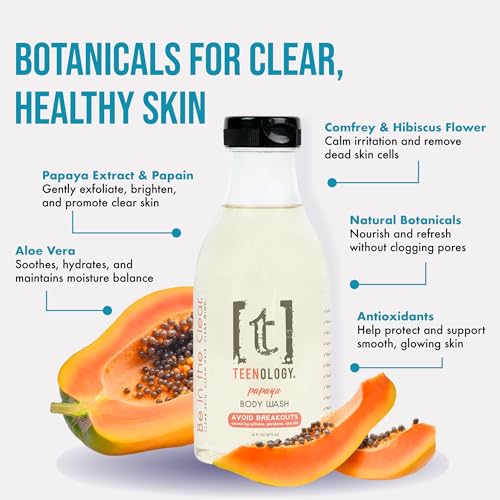 Teenology Body Wash for Teens - Avoid Body Acne and Breakouts - Sulfate and Paraben Free, Natural Botanical Extracts (Fresh Papaya)