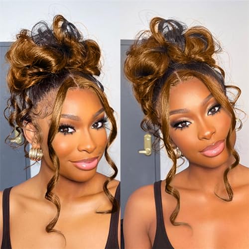 NICY 360 Transparent Lace Body Wave Wig Remy Human Hair Updo Pre Plucked Glueless Frontal Wigs Hair Extrenstion with Baby Hair (30 highlight wave, 20inch)