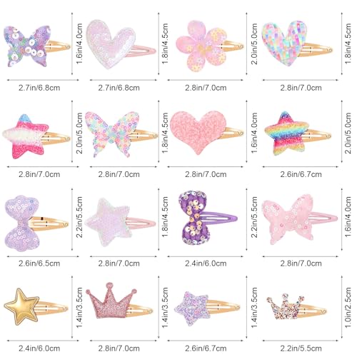 16 Pcs Hair Clips for Teens,Sparkly Metal Snap Barrettes, Cute Glitter Toddler Flower/Star/Crown/Heart/Butterfly Hair Accessory Multicolor Shaped Hair Accessories