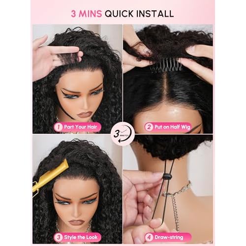 Invisi Water Wave Half Wig Human Hair with 4C Edge | Flip Over 3-In-1 Drawstring Wig 180 Density | Pre-Blended Seamless Crown | No Glue | Natural Look for 3B/3C Everyday Protective Style 10 Inch