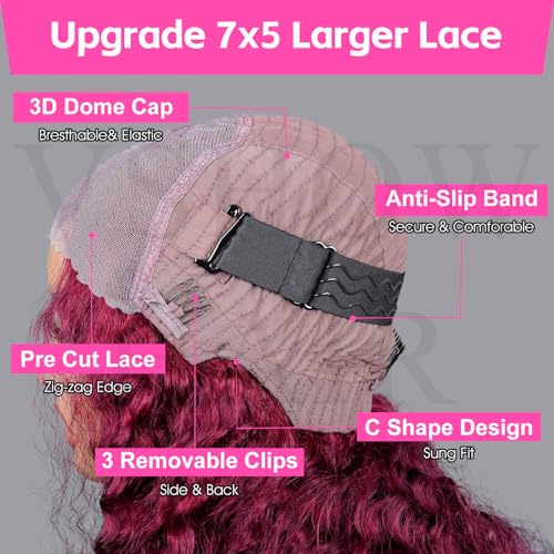 V SHOW 99J Burgundy Lace Front Wigs Human Hair 180% Density Deep Wave 7x5 HD Lace Closure Wig Human Hair Wine Red Glueless Wigs Human Hair Pre Plucked Pre Cut Burgundy Wig 20 Inch