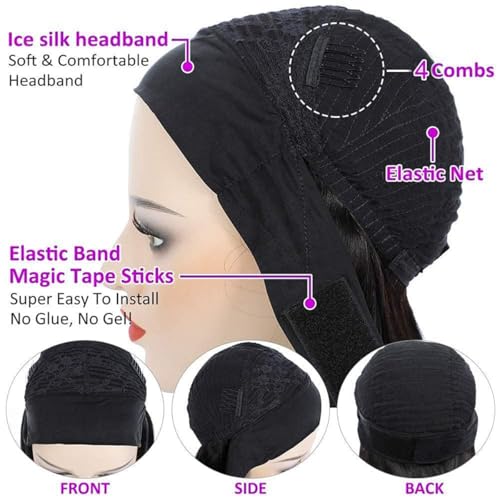 Long Headband Wig Human Hair Water Wave Headband Wigs for Women Curly Wigs Glueless No Lace Front Wig Brazilian Virgin Human Hair 180% Density Natural Black Color 28Inch