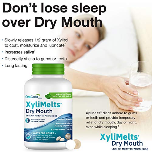 Oracoat XyliMelts for Dry Mouth Night Time or Day - Moisturizing Dry Mouth Adhering Discs, Sugar Free with Xylitol, 100 Count, Mild Mint Flavor, 8-Hour Relief