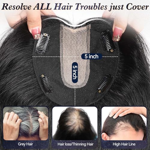 starluck 5x5 inch Lage Silk Base 14 Inch Real Human Hair Toppers for Women,60 Gram High volume, 100% Real Human Hair Toppers for Women with thinning hair hair loss£¨Black, no Bangs