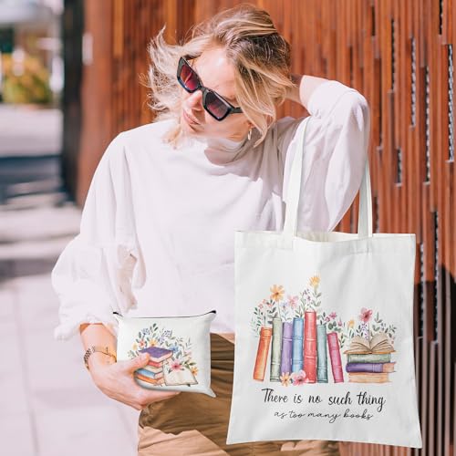 Y1tvei Aesthetic Canvas Tote Bag - 2Pcs Colorful Reading Canvas Cosmetic Bag Set There Is No Such Thing As Too Many Books Tote Bag Makeup Reusable Grocery Bags Black to School Gift for Women Girls