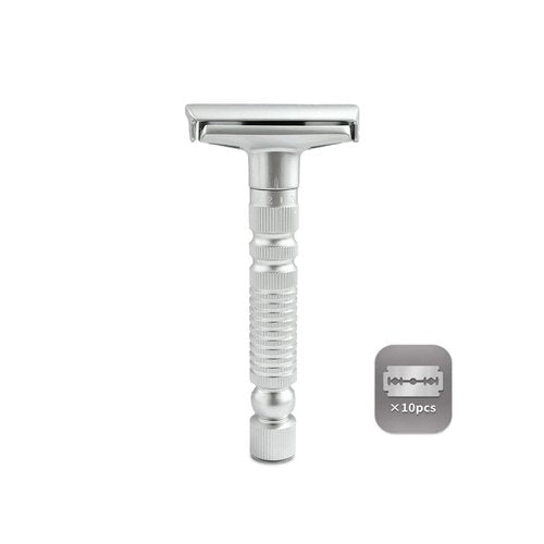 6-speed adjustable dual-blade safety razor with 10 platinum-coated stainless steel blades. Includes optional stand. Comes with complimentary travel pouch. (Silver)