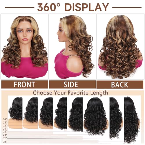 Ombre Highlight Lace Front Wigs Human Hair Honey Blonde 5x5 Pre Cut Lace Front Wigs Human Hair 5x5 HD Lace Closure Wigs For Women 4/27 Glueless Bouncy Body Wave Lace Frontal Wig 180 Density 28 Inch