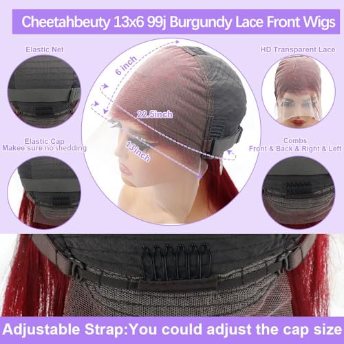 CHEETAHBEAUTY 99j Burgundy Lace Front Wigs Human Hair 24Inch 13x6 Burgundy Wig Human Hair 220% Density Brazilian Virgin Straight Human Hair Wigs for Women Pre Plucked with Baby Hair