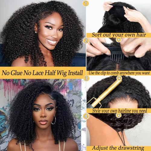 Miss Lee Kinky Curly Half Wig Human Hair 200% Density 3 In 1 Half Wig Glueless Wigs Human Hair Wear and Go Drawstring Seamless Flip Headband Wig for Women Beginner Friendly Natural Black