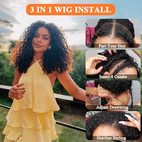 Half Wig Human Hair Water Wave Half Wig 3 In 1 Glueless Wigs Seamless Flip Over with Drawstring Curly Half Wig Human Hair for Women Invisible Hairline Wear Go Beginner Friendly Natural Black 24 Inch