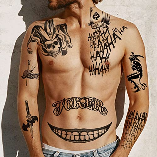 6 Sheets The Joker Temporary Tattoos For Halloween Makeup Kit, Suicide Squad Joker Tattoos Stickers For Women Men Adults, Damaged Tattoo Joker Hand Smile Face Poker Prisoner Costume Skull Set