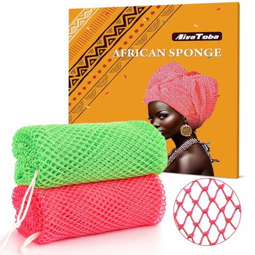 2 Pack Authentic African Net Sponge with Handles, AivaToba Mesh Body Scrubber, Exfoliating Wash Cloths for Body Scrubber, Back Scrub Exfoliating Sponge for Shower Bath, Portable Bath Sponge
