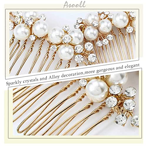 Asooll Gold Wedding Pearl Hair Comb Bride Crystal Hairpiece Bridal Rhinestone Hair Clip Hair Accessories for Women (Set of 2) (A-Gold)
