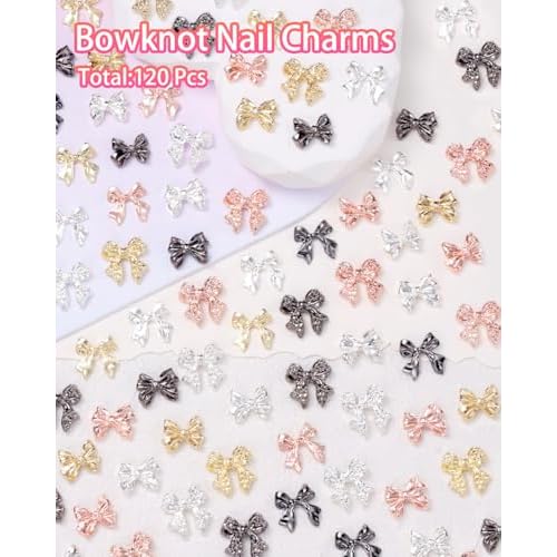 120 Pcs Alloy Bow Nail Charms and Gems, Silver Gold Black Bowknot Metal Nail Art Charms, Shiny Luxury Cute Bow Nail Jewelry for Nails Design Manicure Accessories