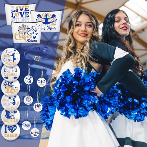 Lyrow 160 Pcs Cheerleader Gifts Bulk for Team Cheer Scrunchies Hair Ties Makeup Bag Cheer Mirror Bracelet Keychain Sticker for Back to School(Blue)
