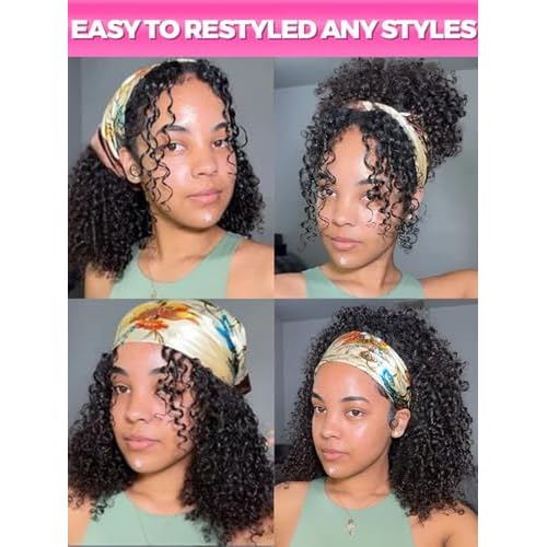 V SHOW Glueless Curly Headband Wig Human Hair 180% Density Thick Throw & Go Kinky Curly Headband Wigs for Women 16 Inch None Lace Front Wigs Wear and Go Glueless Human Hair Wigs
