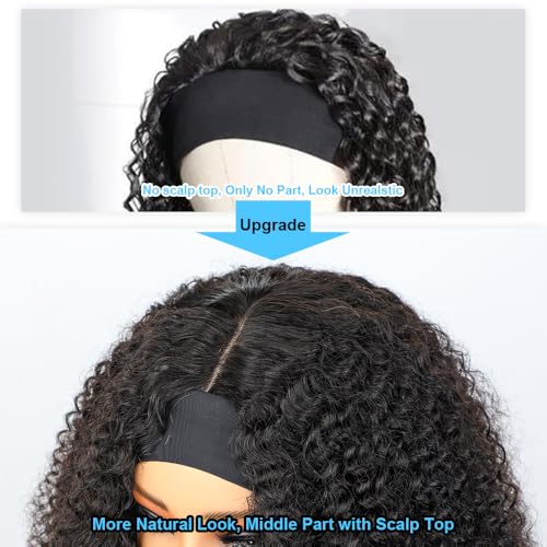BLY Afro Curly Headband Wig Human Hair Half Wig for Women Glueless Kinky Curly 3 In 1 Wig 10A Grade 180% Density Natural Black Middle Part Headband Wigs 24 Inch