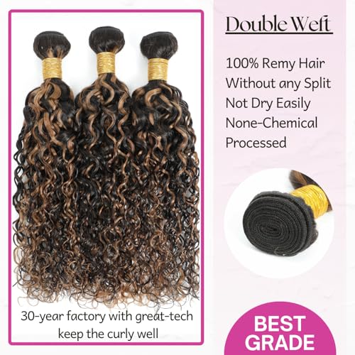 Honey Blonde Highlight F1B30 Bundles Human Hair with Frontal Water Wave, 12A Brown and Black Color Curly Ombre Soft Wet and Wavy 3 Bundles with 13x4 HD Lace Frontal 100% Remy 12 14 16 + 12 In