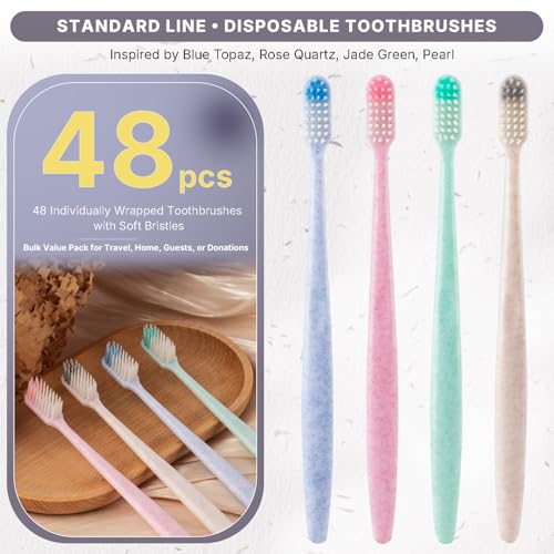 48-Pack Disposable Toothbrushes Individually Wrapped, Soft Bristle Bulk Travel Toothbrush for Adults, Kids, Guest, Hotel, Home, Camping, Donation ? 4 Colors, Mini Manual Value Pack