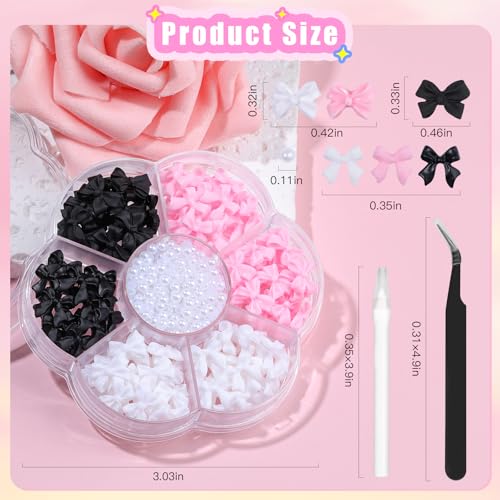 420PCS Bow Nail Charms Kit with Half Pearls, 3D Acrylic Nail Gems Rhinestones, Pickup Tools for Nail Art Design, DIY Crafts, Valentine Gifts